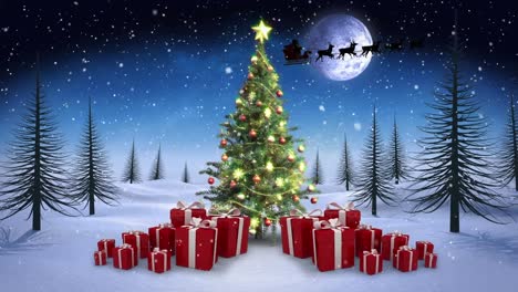 Schnee-Fällt-über-Den-Weihnachtsbaum-Und-Geschenke-Auf-Der-Winterlandschaft-Vor-Dem-Mond-Am-Nachthimmel