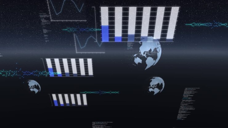 Animation of data processing, globes spinning and statistics recording over universe