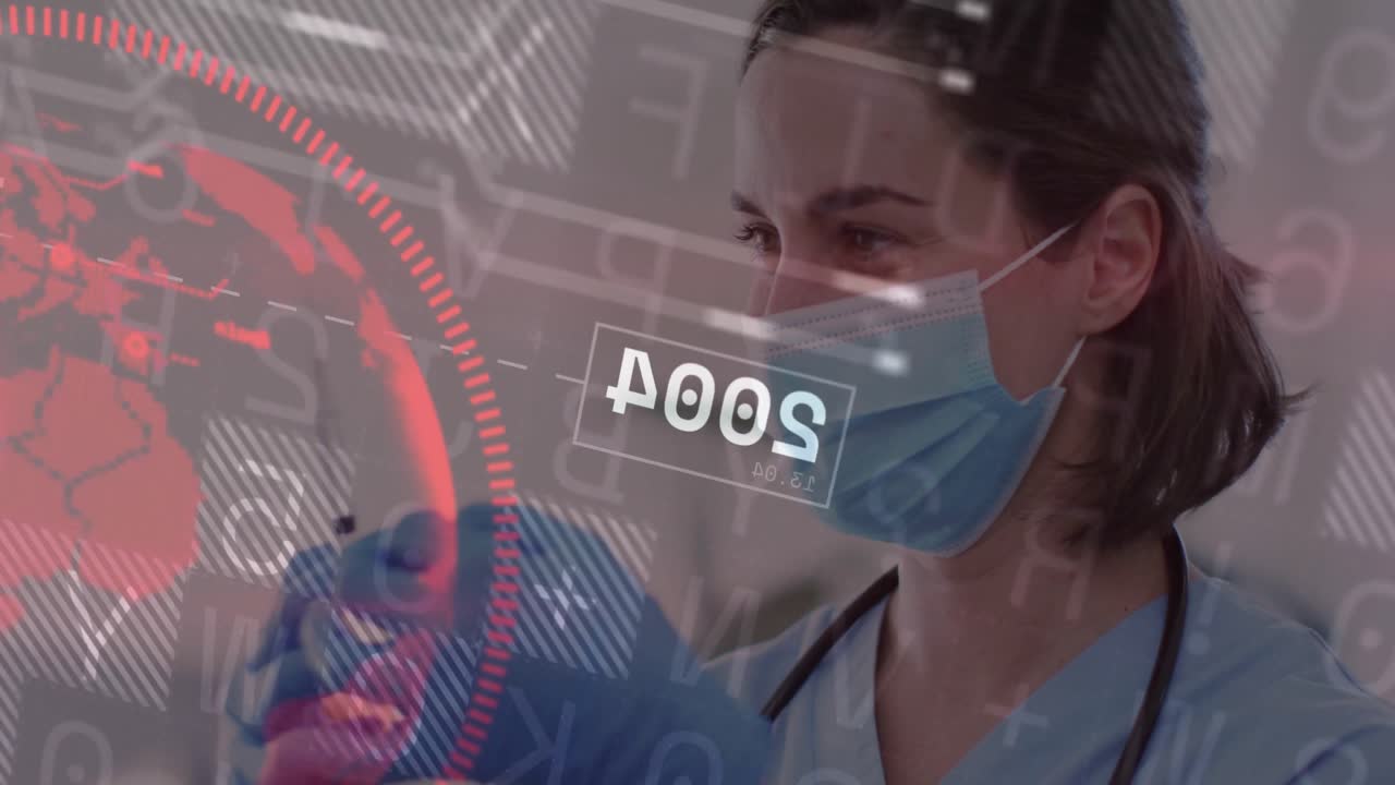 Healthcare pro pulling gloves and activating code overlay while drawing vial with rotating globe