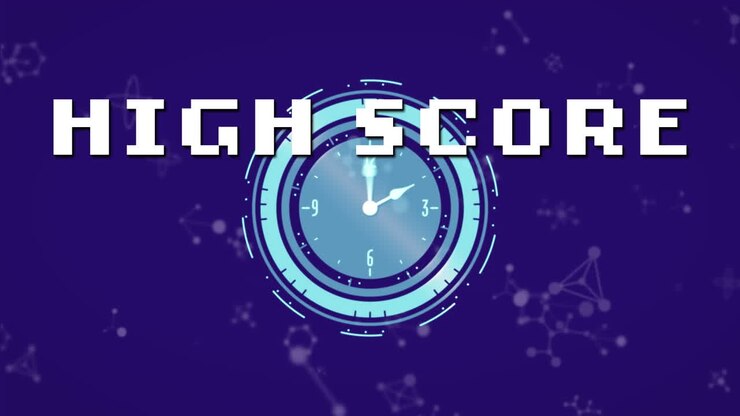 Animation of high score text banner over ticking clock and molecular structures on blue background