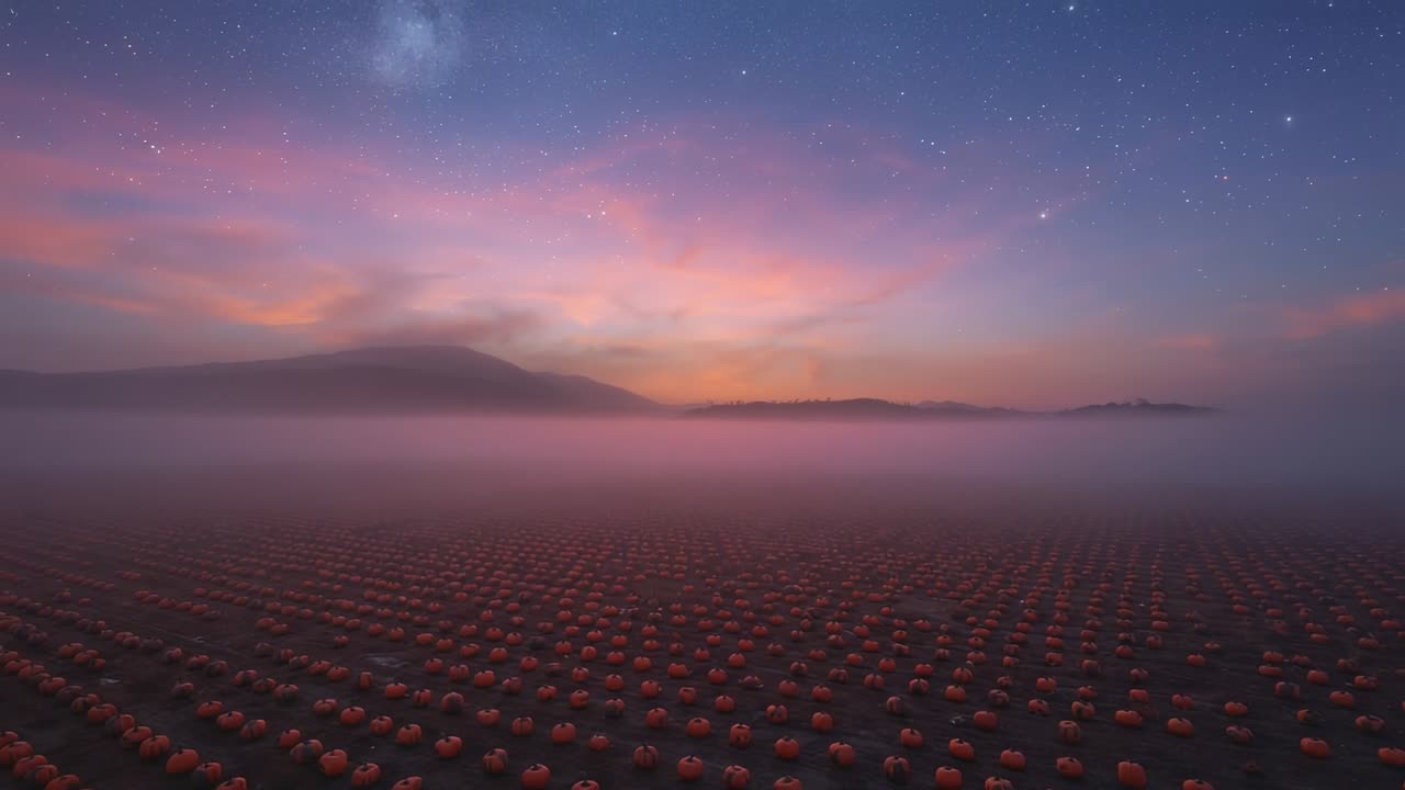 With twilight fading, camera recording pumpkin field on farm, showing mist rising and Milky Way