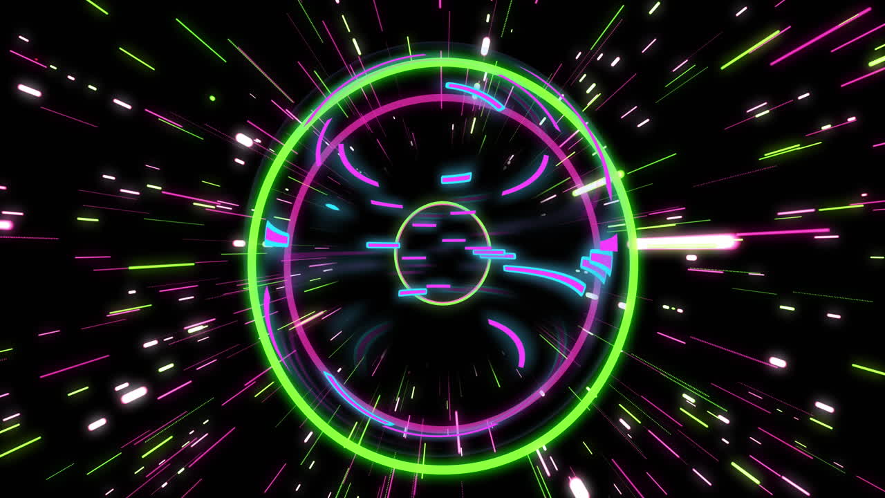 Animazione di forme al neon e tunnel di scie luminose di trasferimento dati