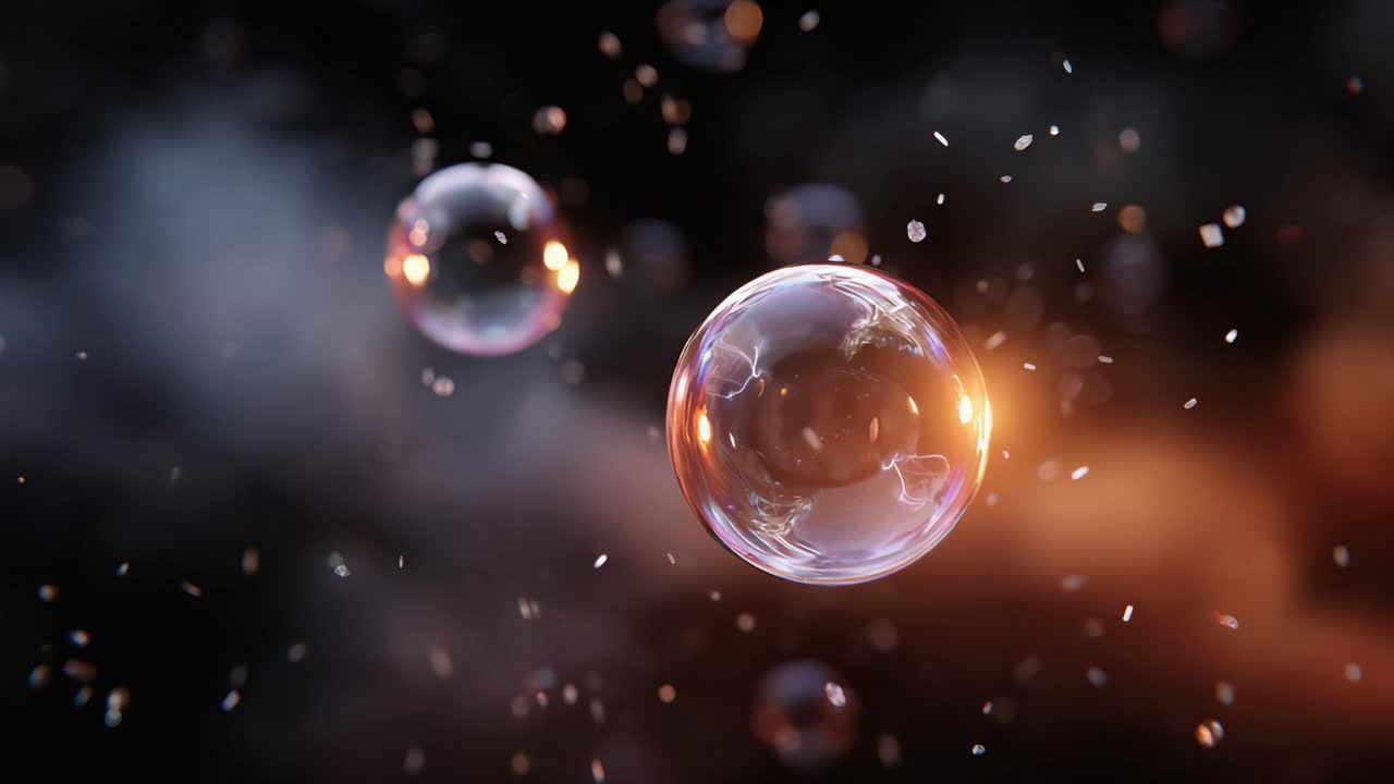 Glistening Soap Bubbles in a Dark Ethereal Setting Surrounded by Soft Particle Effects, Highlighting Their Fragile Beauty and Translucent Nature
