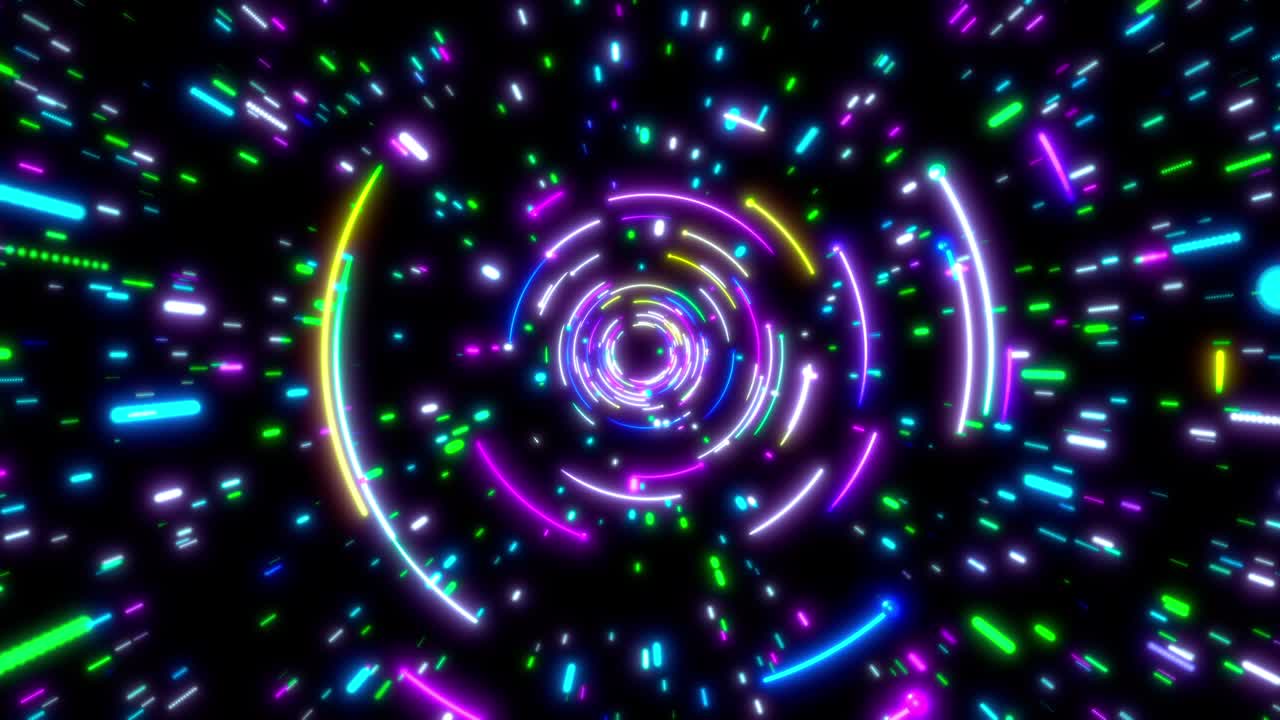 líneas de neón brillantes túnel. azul rojo rosa y violeta iluminación de colores. bucle sin costuras animación 4k para club nocturno