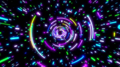 líneas de neón brillantes túnel. azul rojo rosa y violeta iluminación de colores. bucle sin costuras animación 4k para club nocturno