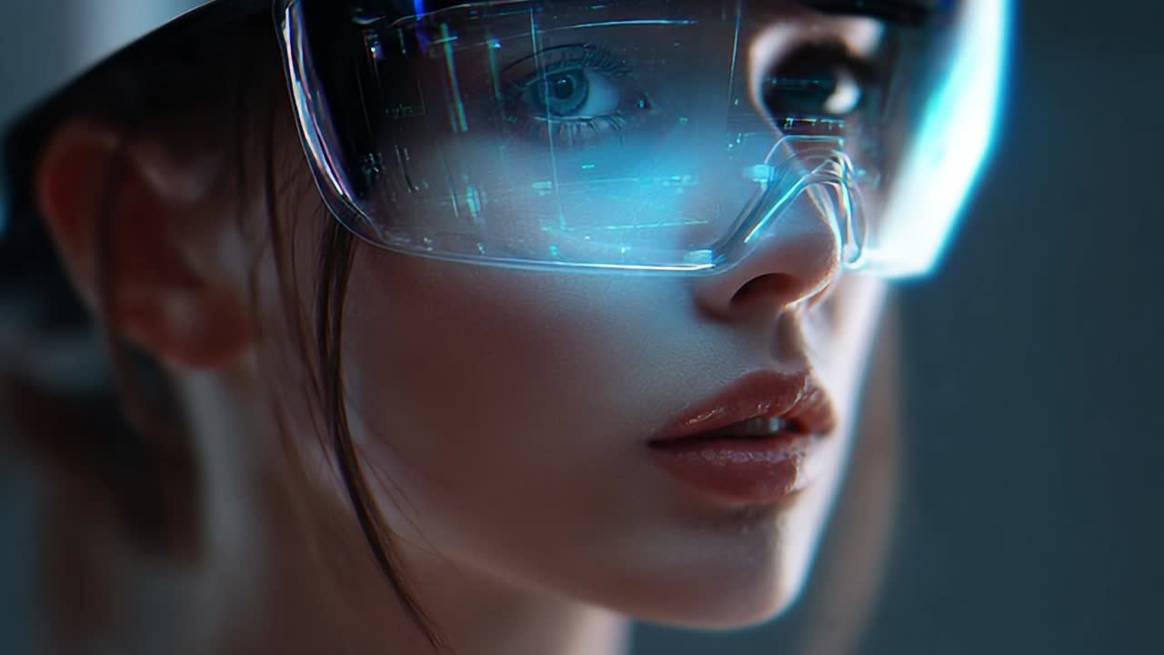 Young woman in futuristic goggles exploring virtual reality technology