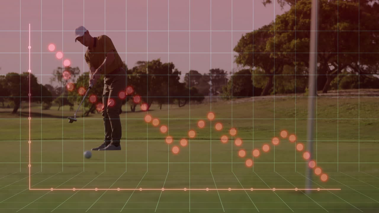 Putting on course, golfer with data graph animation overlay in background