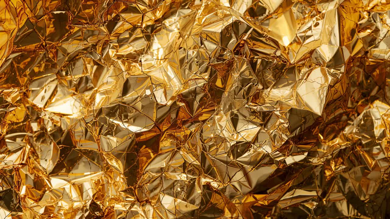 Gleaming crumpled gold foil showing moving bright glints from warm light and camera shift in studio