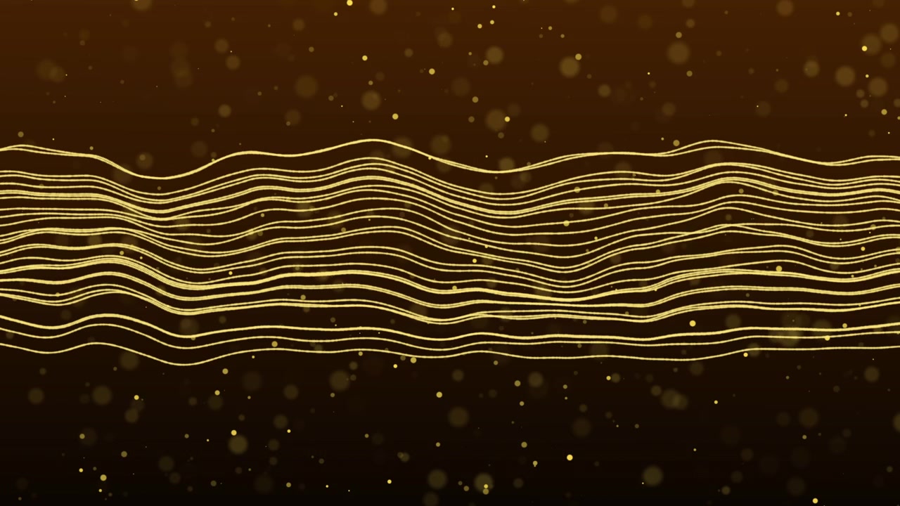 Abstract Golden Wavy Lines with Floating Particles on Dark Background