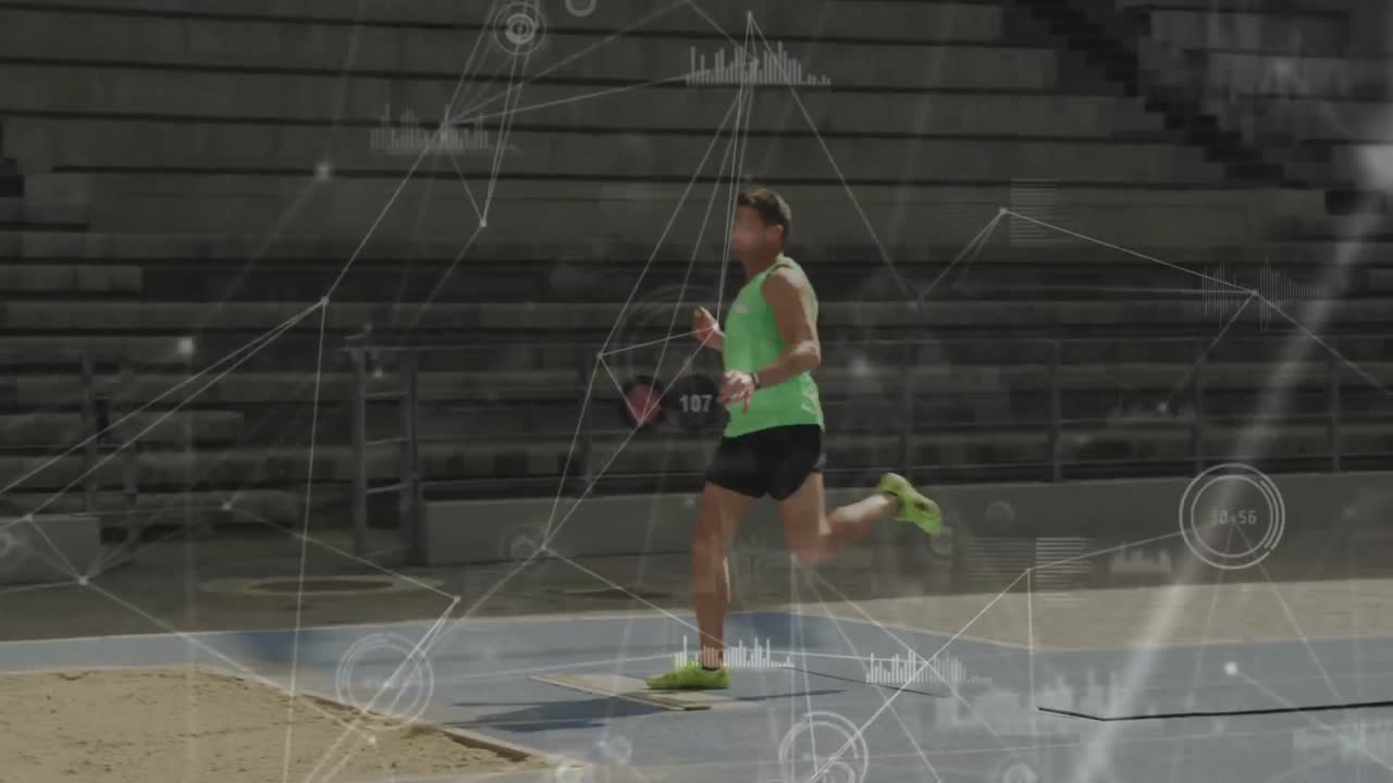 animación del procesamiento de datos sobre un macho caucásico saltador de longitud