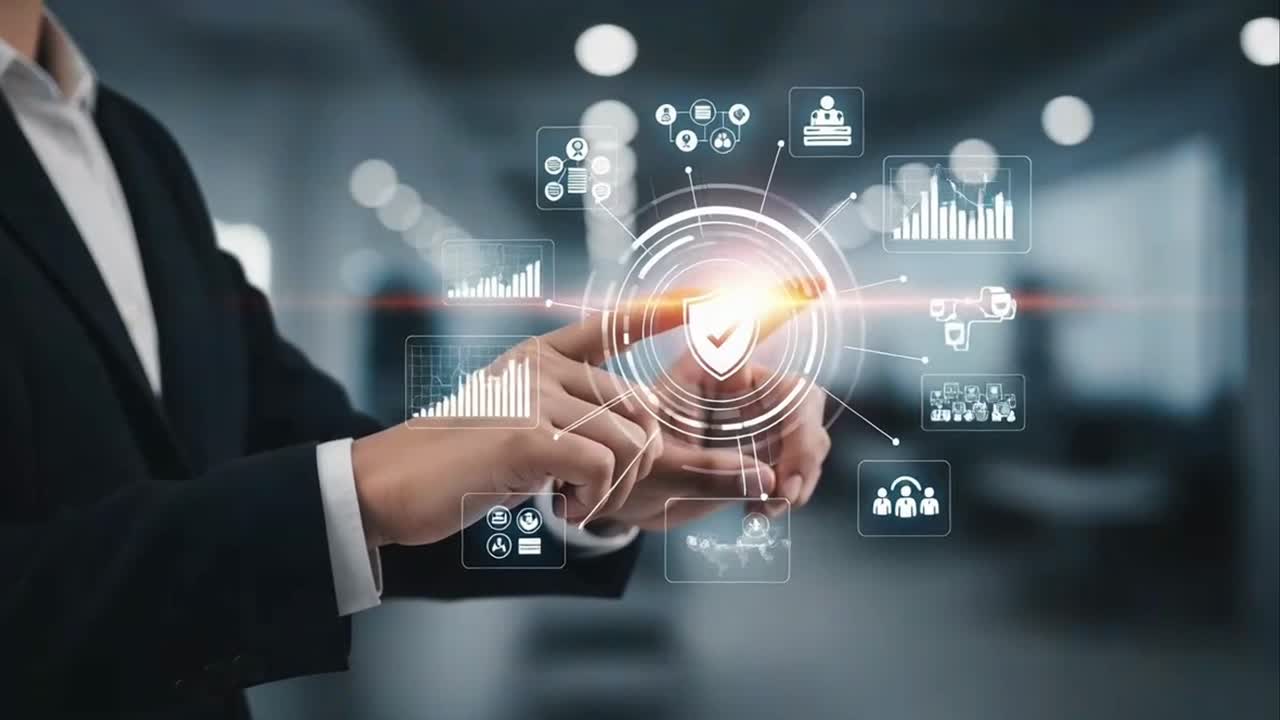 Businessman Interacting with a Cybersecurity and Data Protection Interface
