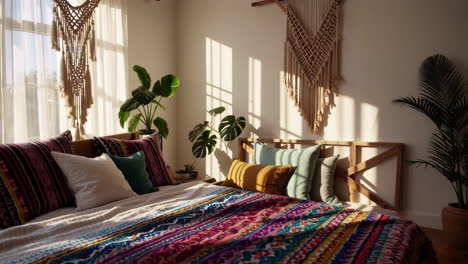 cozy bohemian bedroom with colorful bedding, plants, and sunlight