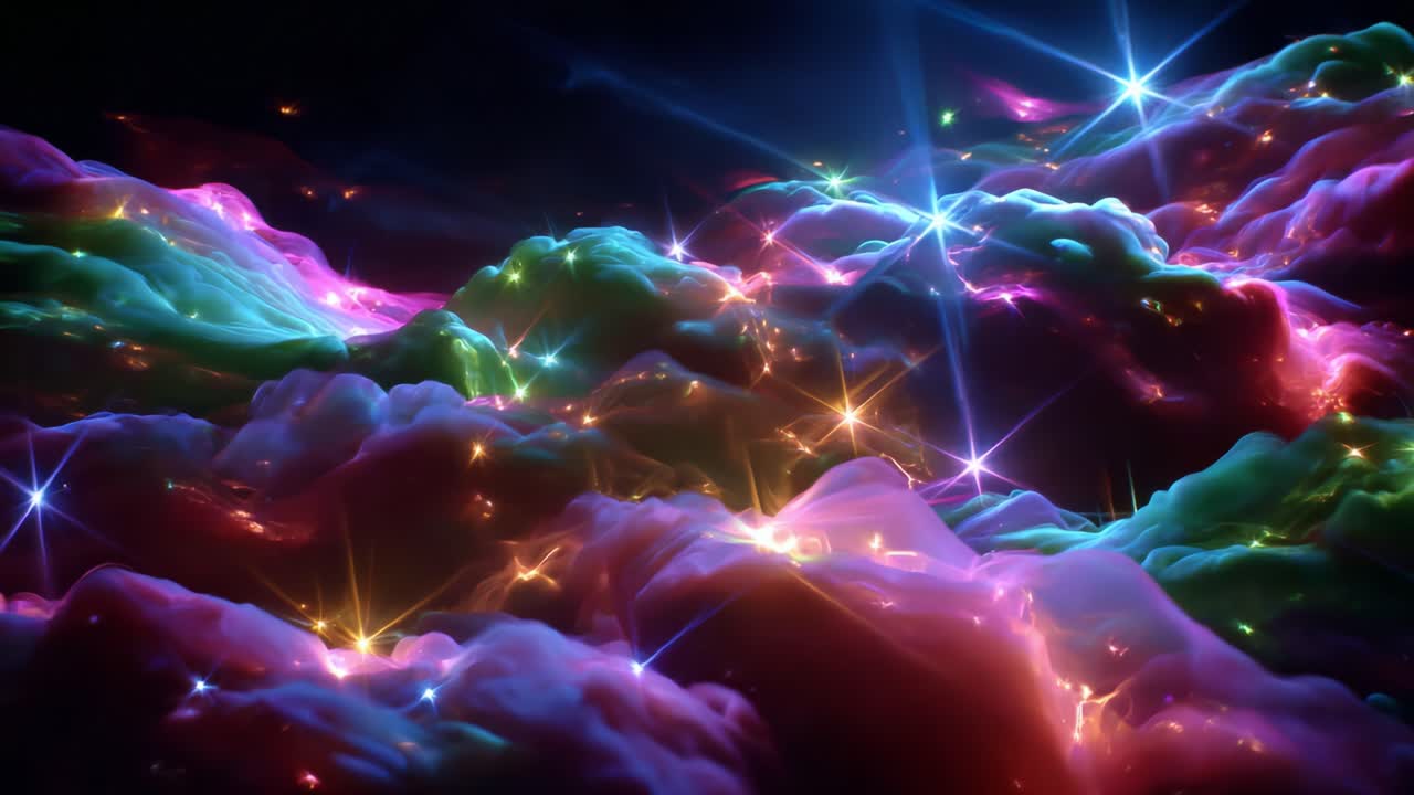 A Stunning Display of Colorful Cosmic Clouds Shimmering with Stars and Light from Above, Creating a Vibrant and Ethereal Atmosphere Captured in Two Breathtaking Frames