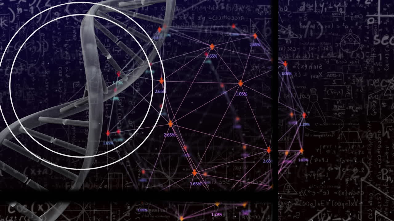 анимация цепи днк над математическими формулами и сетью соединений на черном фоне