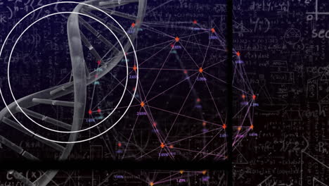 animation of dna chain over math formulas and network of connections on black background