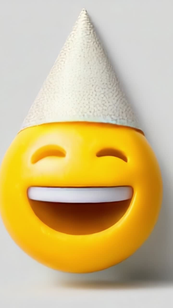 Un'emoji sorridente gialla e allegra che indossa un cappello da festa festivo, che irradia gioia e felicità, perfetta per le celebrazioni e per trasmettere emozioni positive e divertimento.