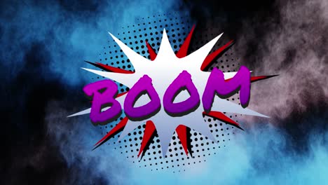 boom text on retro speech bubble against smoke exploding on black background