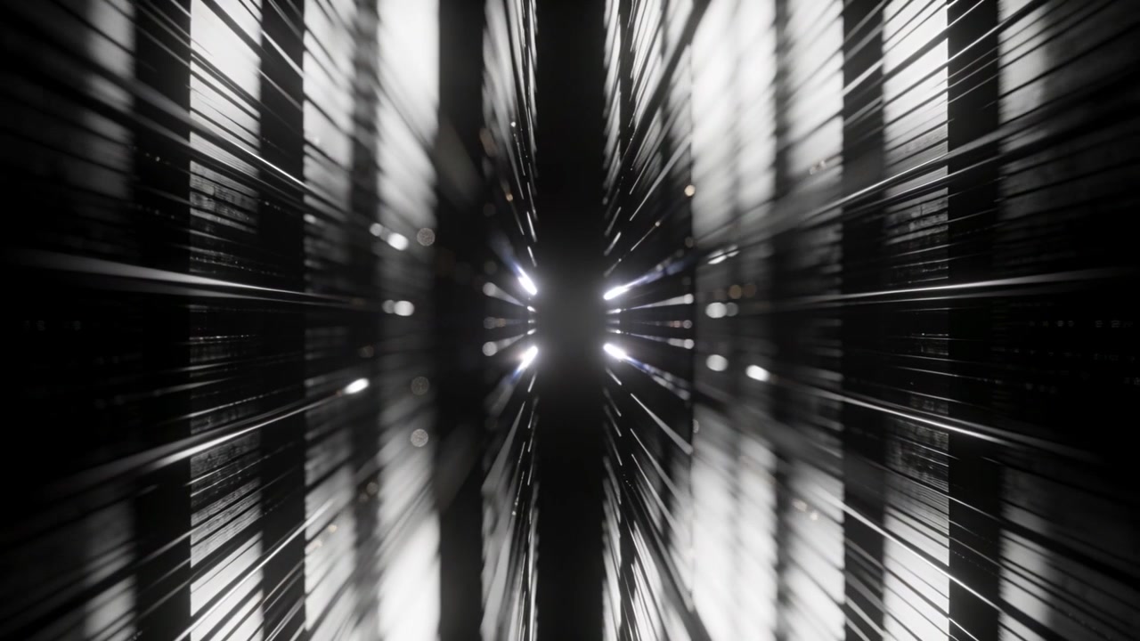 Brightening central light sending radial streaks through mirrored tunnel with slats and flares