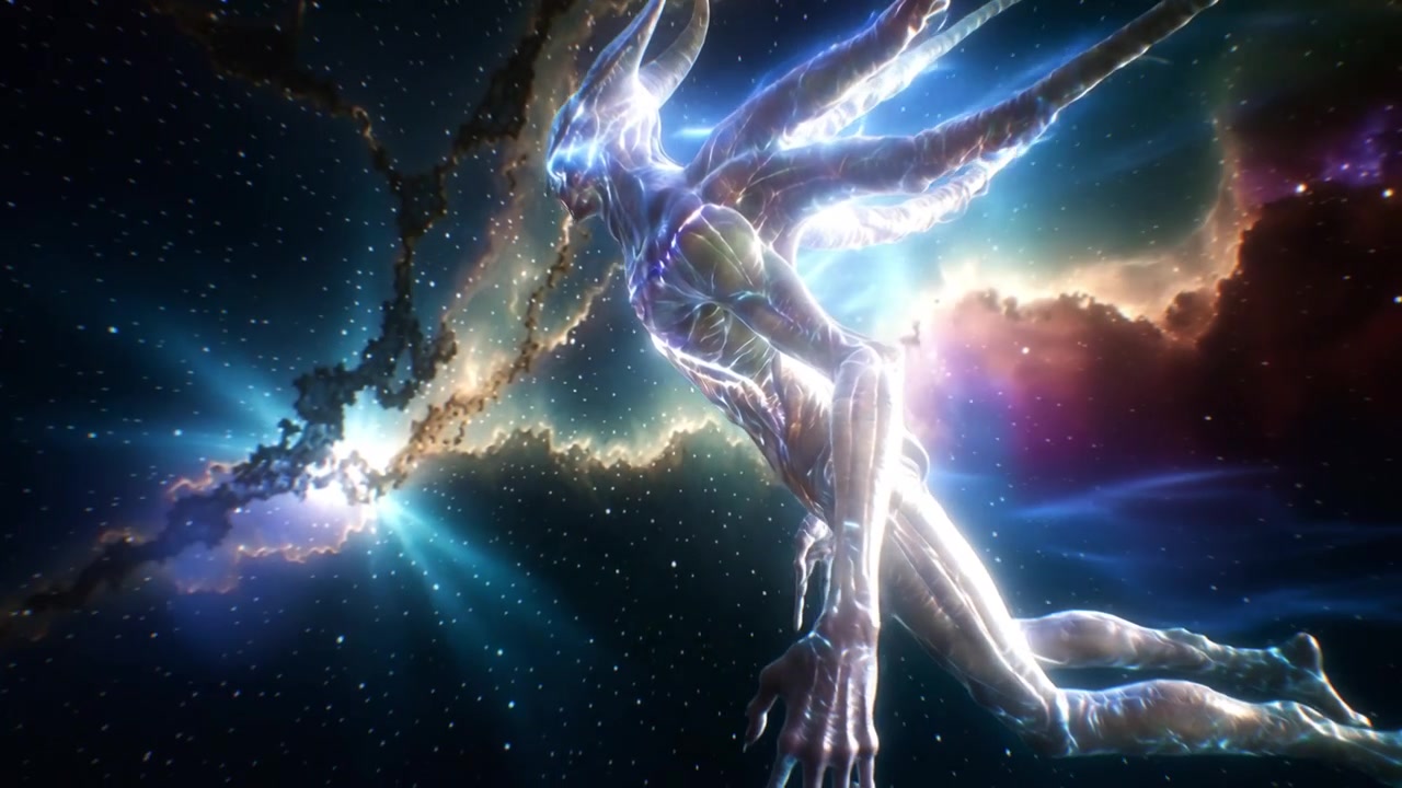 Luminous Alien Entity Floating Through Deep Space Nebula
