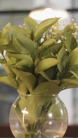 green leaves and small white flowers in a glass vase