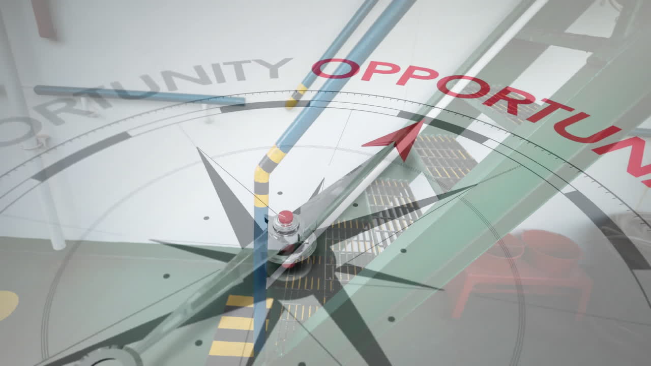 Animation of compass with arrow pointing to opportunity text over steps on ship