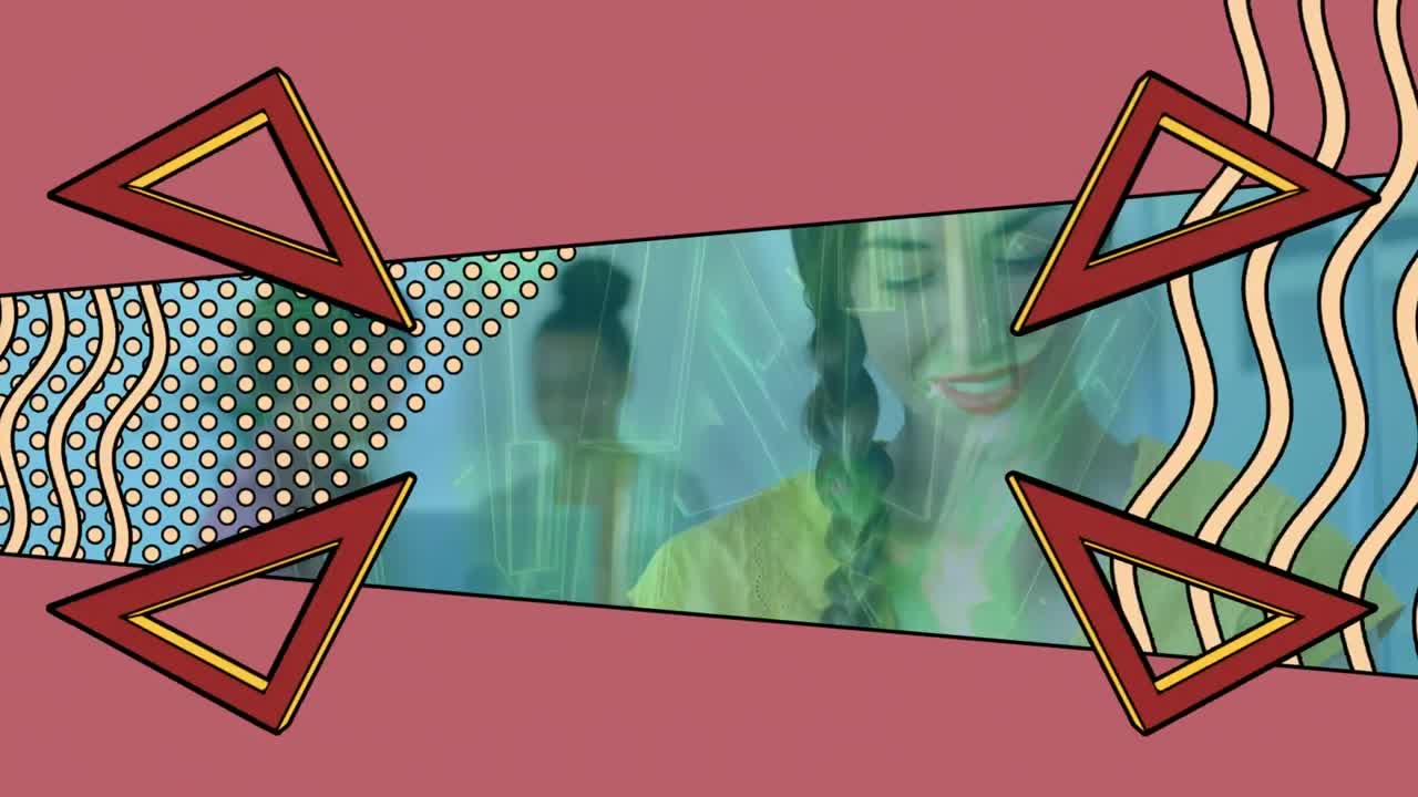 animación de formas abstractas girando sobre la mujer usando una tableta