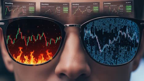 a trader analyzing financial markets, reflected in sunglasses, showcasing contrasting elements of market volatility represented by fire and data streams.