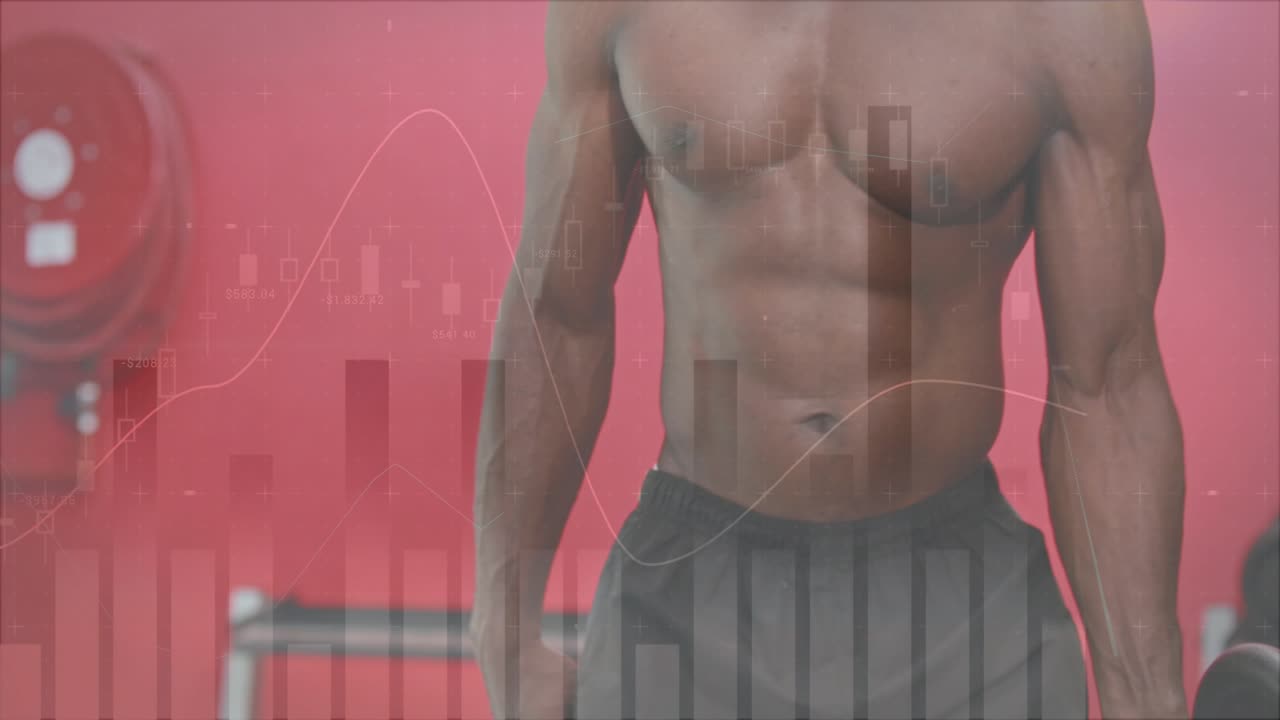 Hombre sujetando una pesa a un lado, haciendo repeticiones de curls de bíceps para mantenerse en forma, gráficos de barras superpuestos en el torso