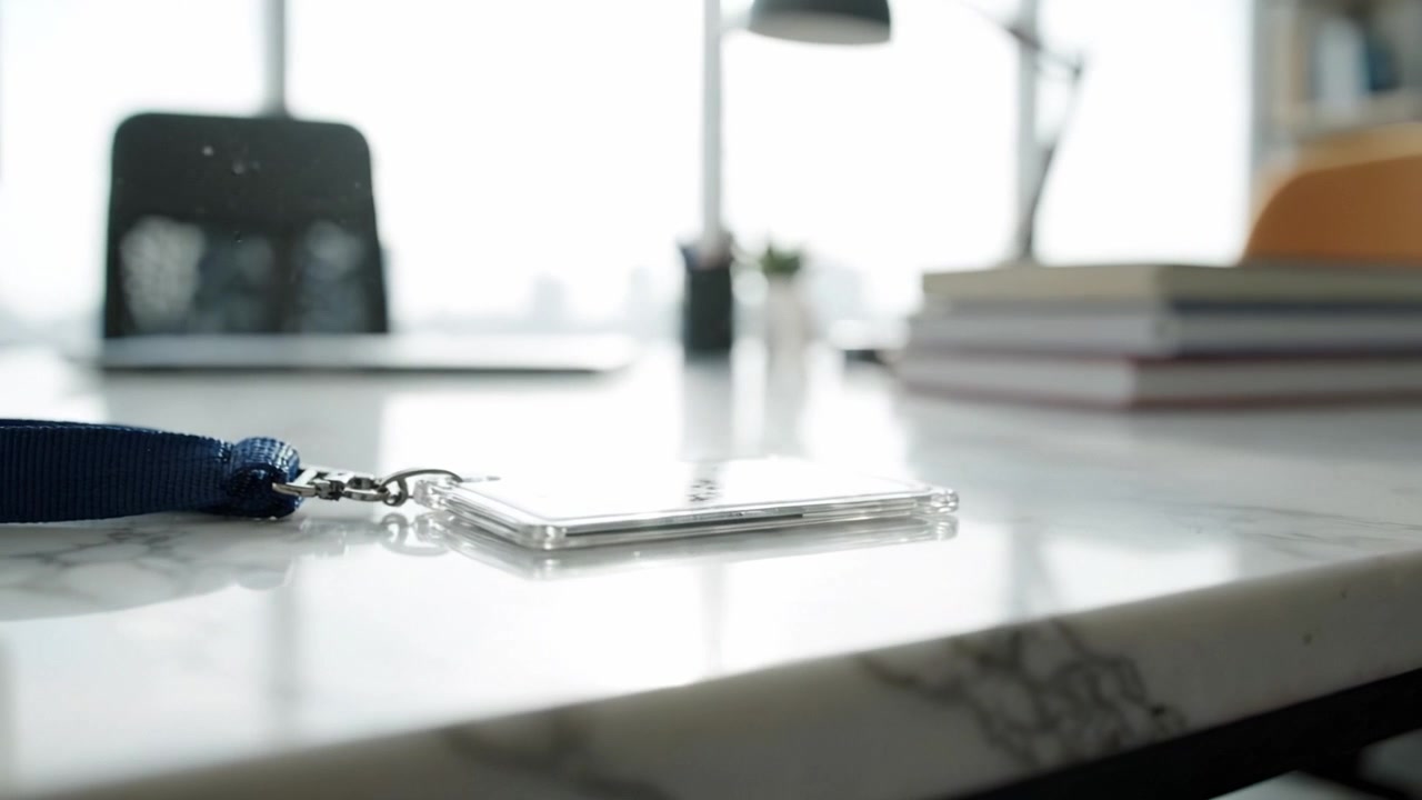 A close-up view of a transparent badge holder placed on a marble desk in a modern office setting, showcasing the contemporary workspace and focused atmosphere.