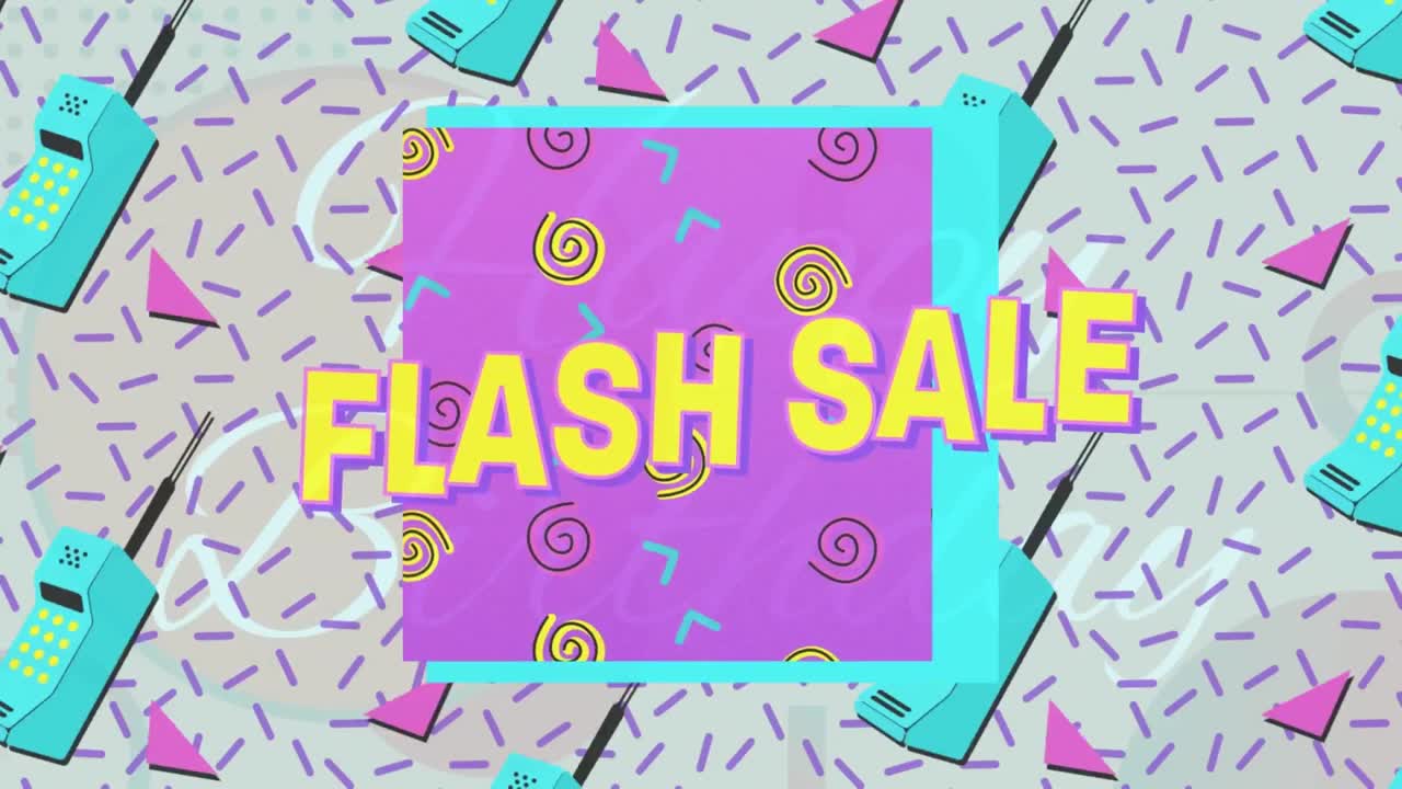 플래시 판매 텍스트 배너의 애니메이션 전화 아이콘을 통해 원활한 패턴과 추상적인 모양으로