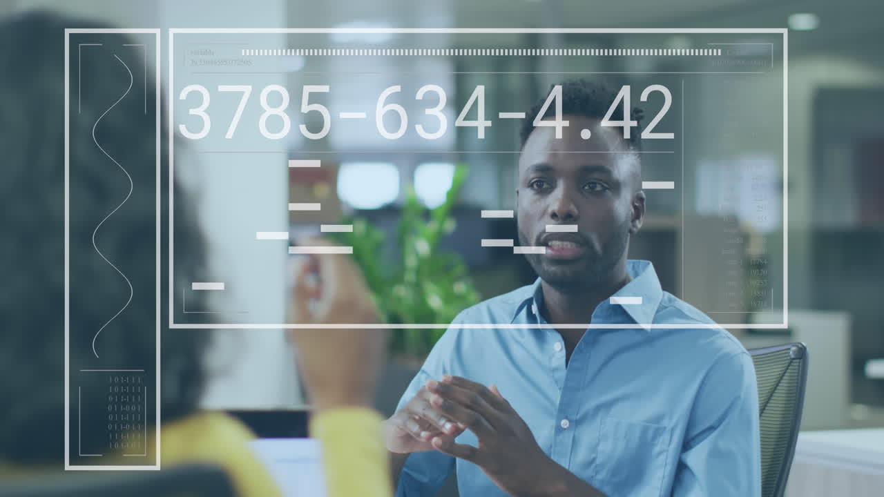 Animation of financial data processing over diverse business people in office