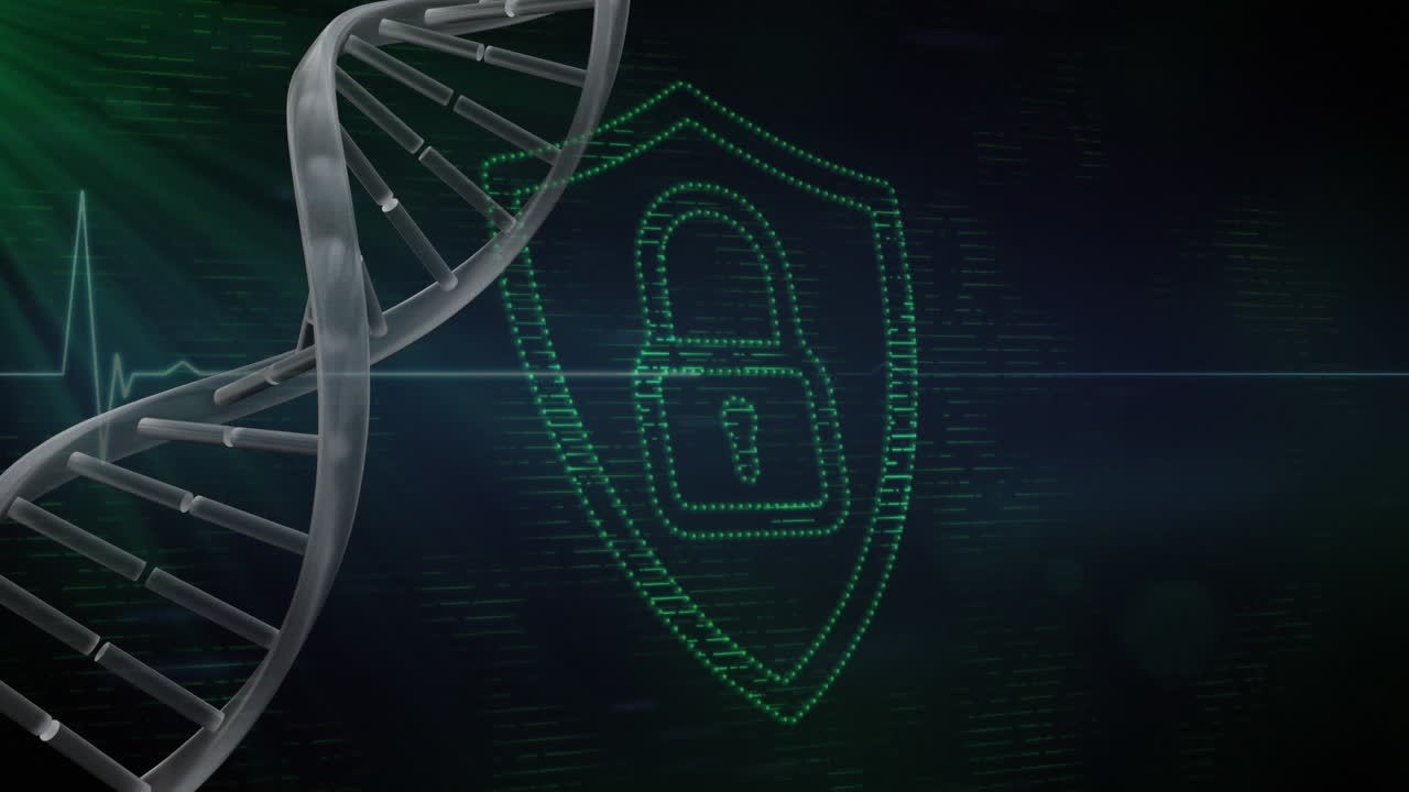 DNA gene with green 3d digital padlock