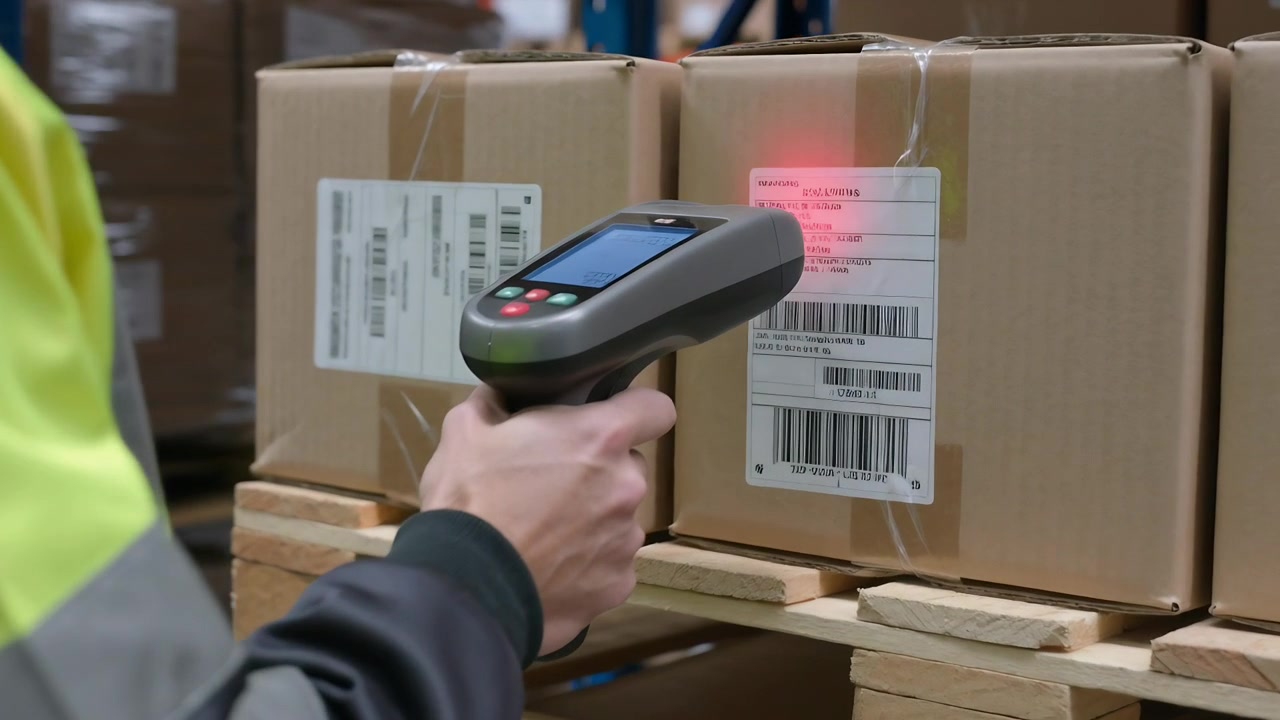 Touching label, worker in hi-vis jacket pulling scanner, scanning boxes at warehouse logging stock