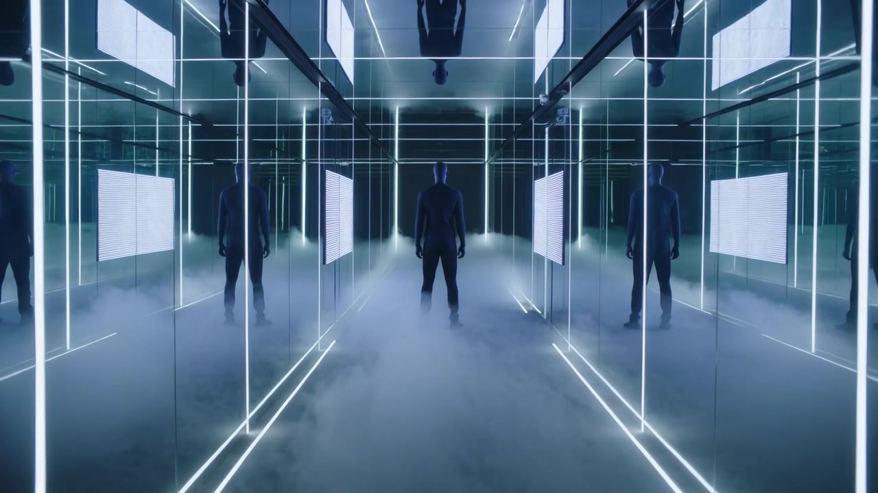 Fog machine releasing haze, silhouette in dark clothing shifting into step in mirrored LED grid
