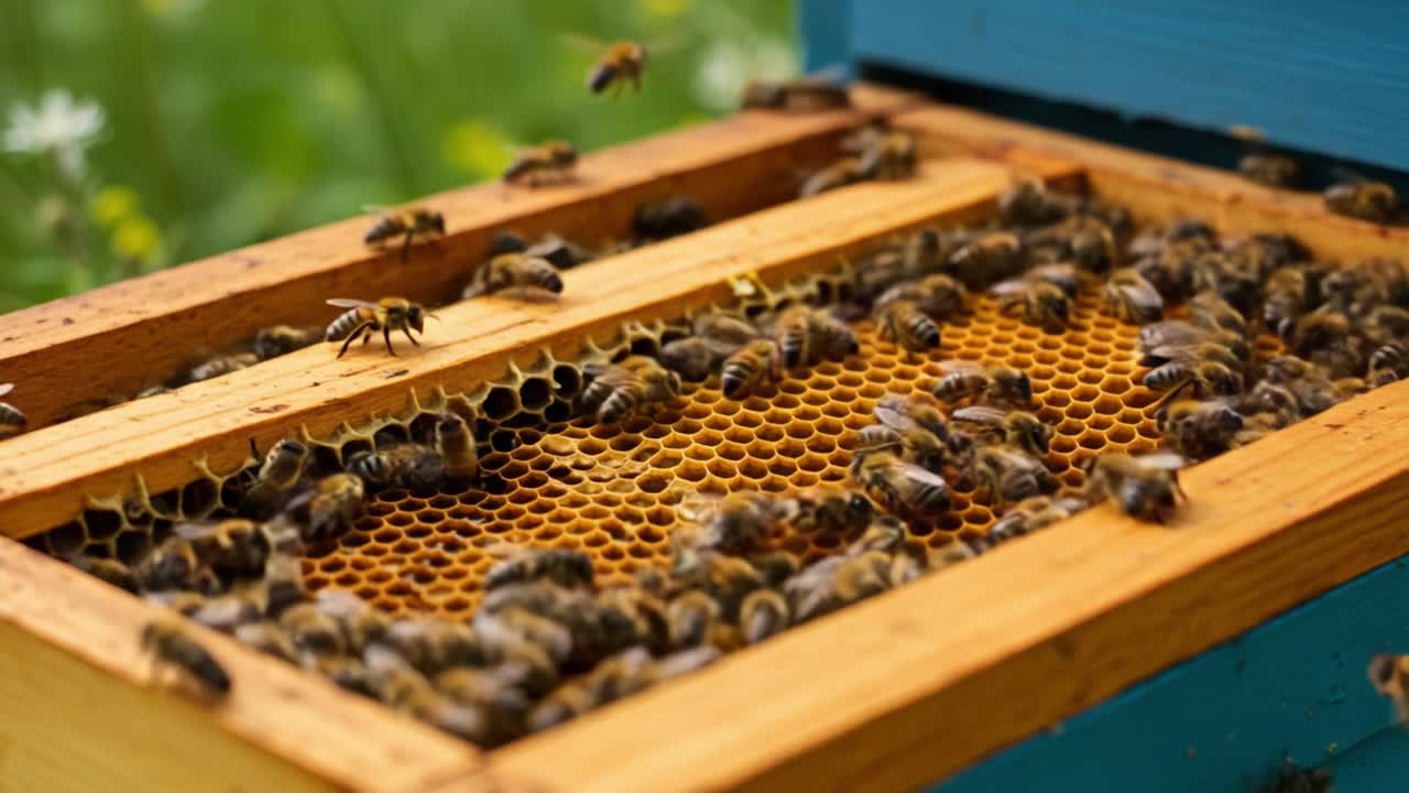 A Close-Up Look at a Busy Beehive: Observing the Intricate Life of Bees and Their Honeycomb in a Natural Setting