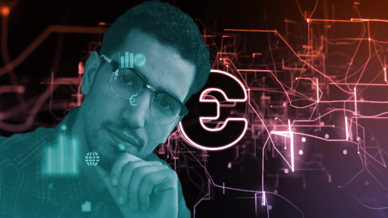 Pondering digital euro symbol and network connections, man with glasses in animation
