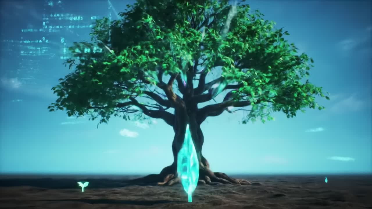 A vibrant, digital illustration of a large tree emerging from a barren landscape. Blue energy beams surround the tree, symbolizing the fusion of nature and technology in a futuristic setting.