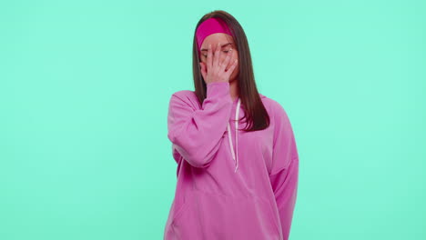 upset teen stylish girl making face palm gesture, feeling bored, disappointed in result, bad news