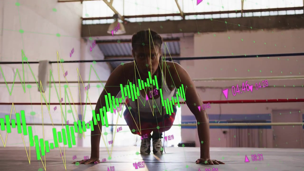 Kvindelig atlet laver armbøjninger i en ring, hvor gentagelser driver et diagram og en trendlinje, der synkroniserer timere for fitness