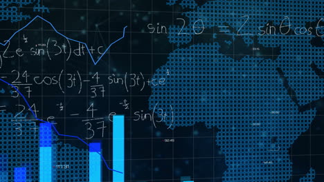 animación de gráficos, mapas y sumas matemáticas sobre un fondo negro