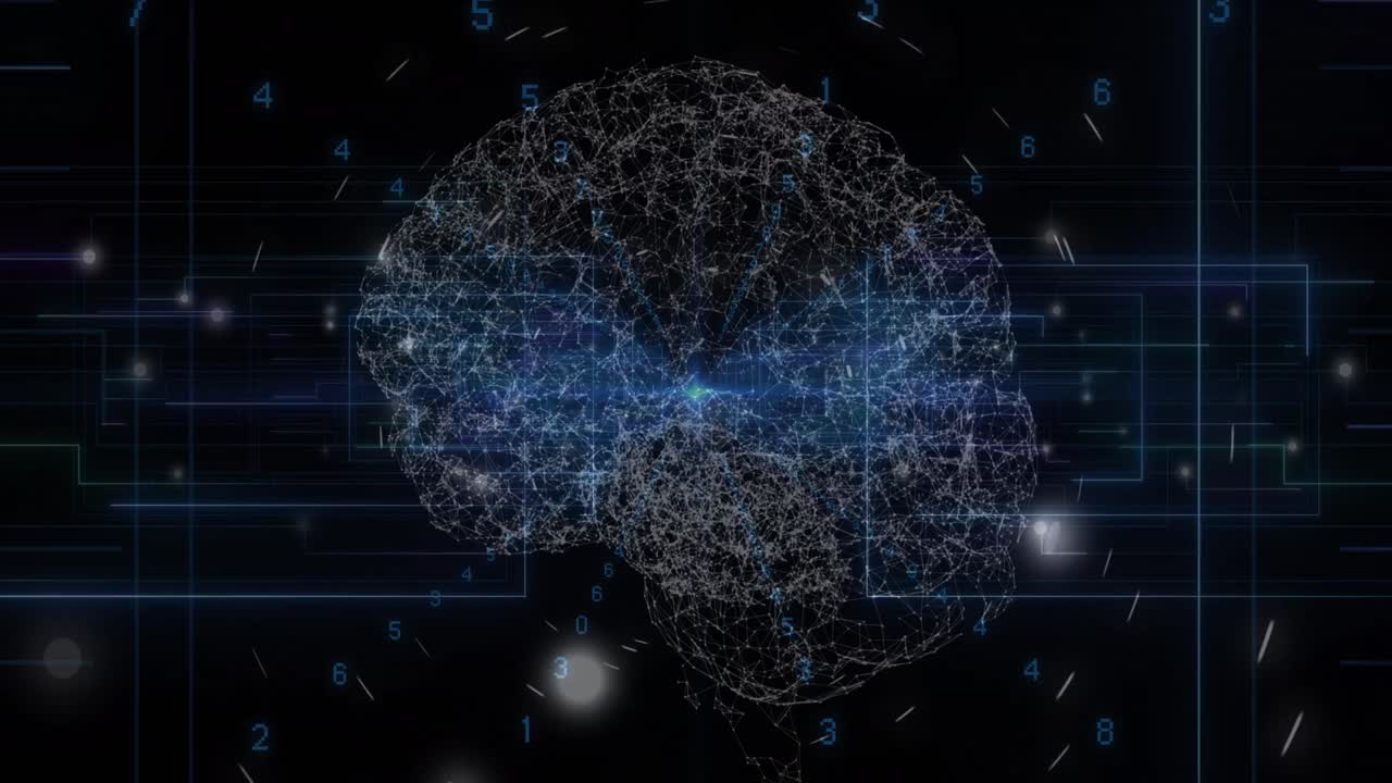 Blue light trails and human brain spinning against blue background