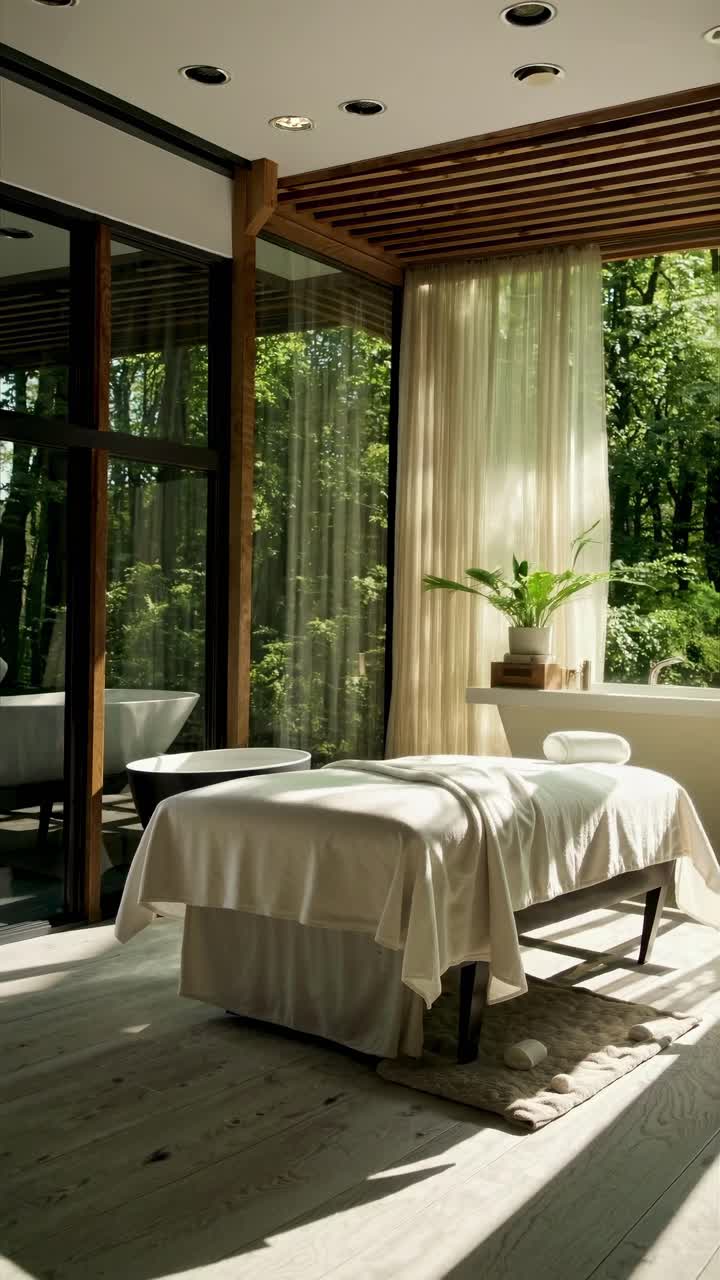 A serene spa room with a massage table, large windows, and natural light