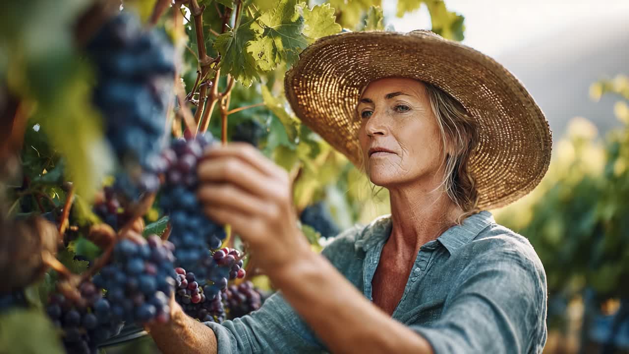 A Dedicated Vineyard Worker Harvesting Ripe Grapes Under the Warm Sunlight, Showcasing the Essence of Agricultural Passion and Commitment in a Picturesque Setting