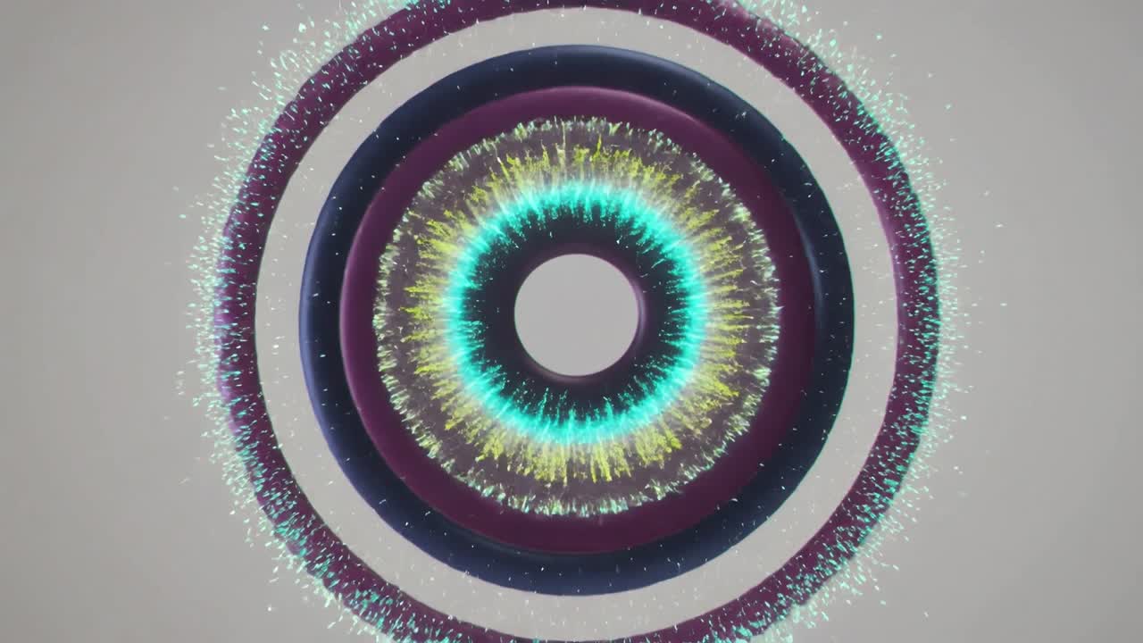 Concentric rings expanding outward on playback, emitting spikes and forming halo for tech branding
