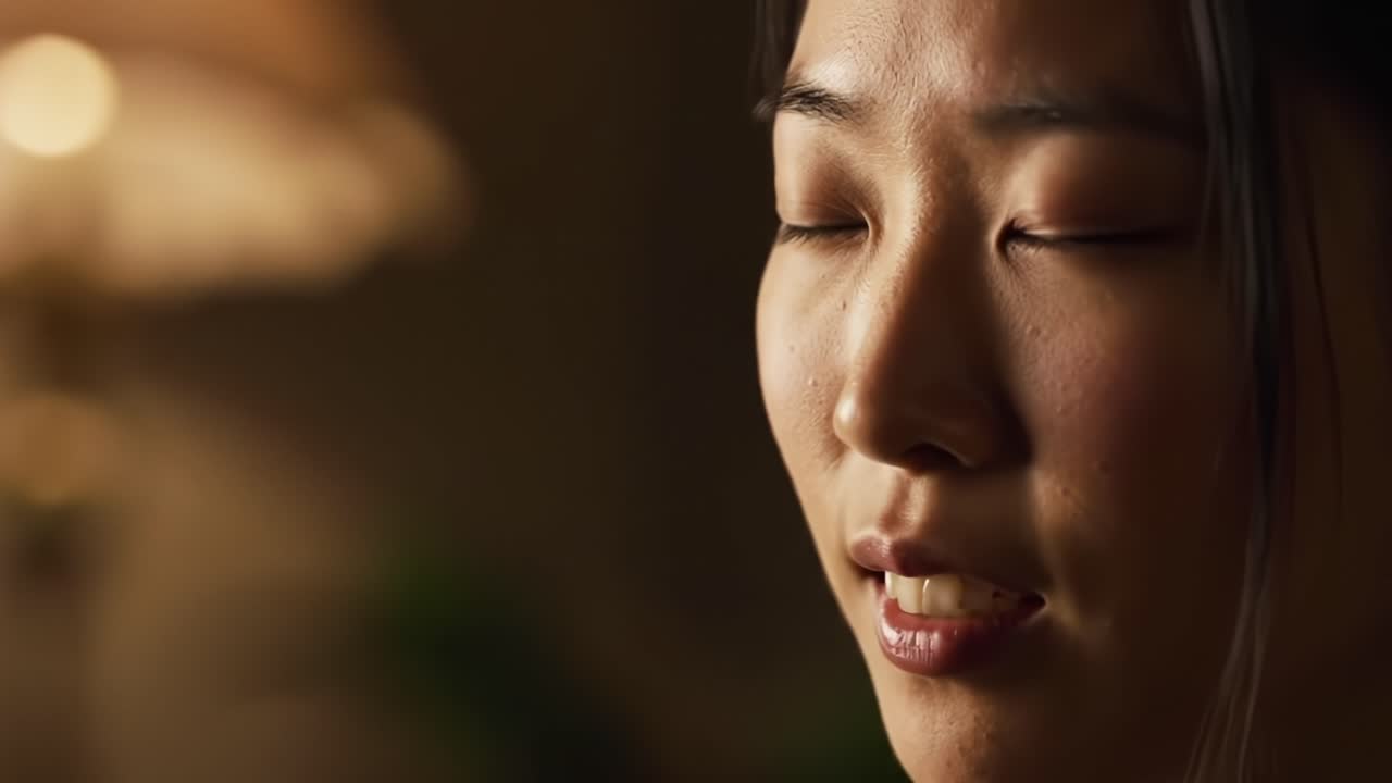 A Serene Portrait of a Young Woman with Closed Eyes, Capturing a Moment of Reflection and Peaceful Contemplation in Soft Lighting