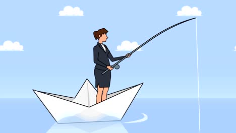 flat cartoon businesswoman character fisher with fishing rod floating on paper boat businesss concept animation