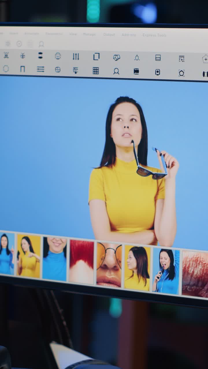 Interfaz de software de retocar fotos para vídeo vertical en un ordenador en un estudio fotográfico vacío, primer plano