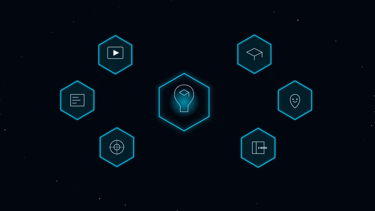 Digital Network Interface with Glowing Hexagonal Icons and Central Lightbulb
