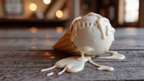 melting ice cream cone on a wooden table