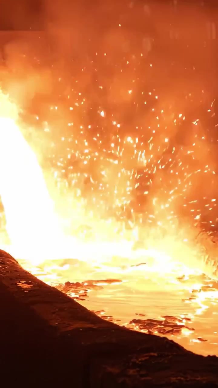 Spectacle captivant de métal liquide dans un environnement à haute température, illustrant la chaleur intense et l'ingénierie habile derrière les processus de fusion du fer et de l'acier